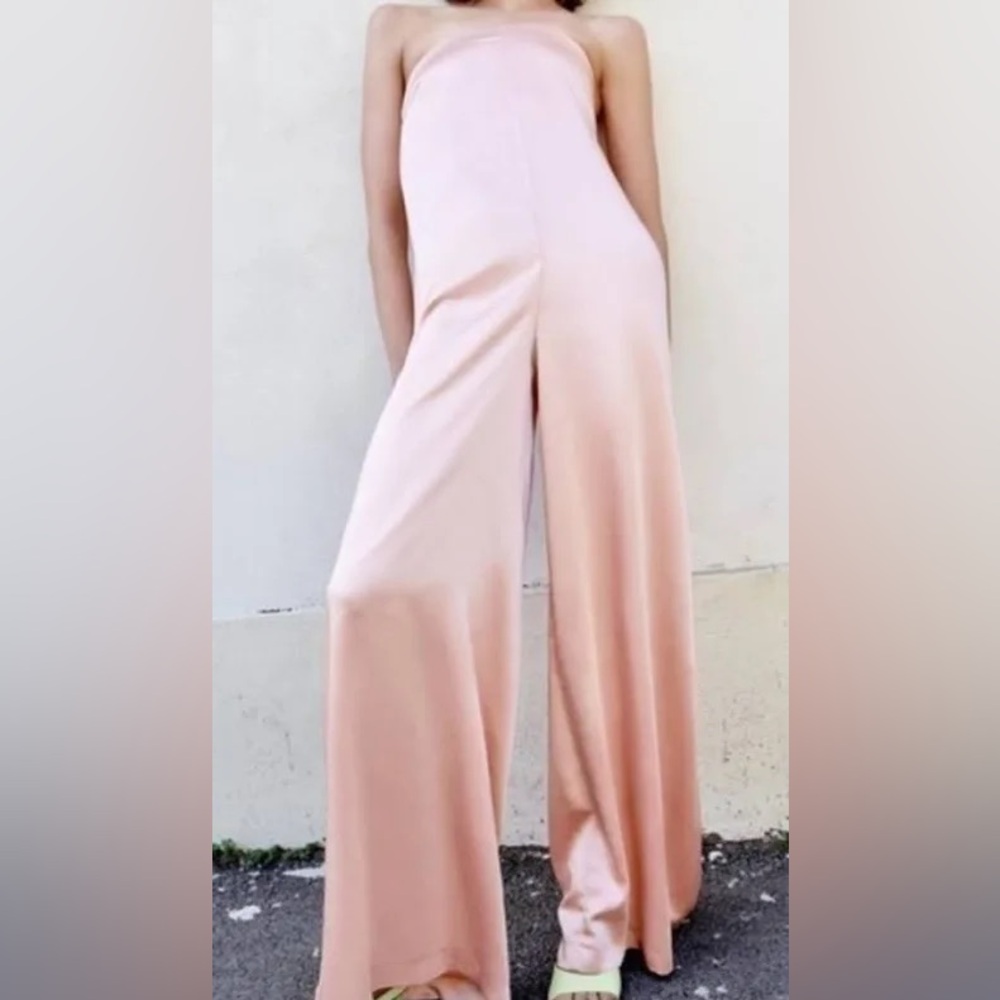 baby pink strapless, satin wide leg jumpsuit